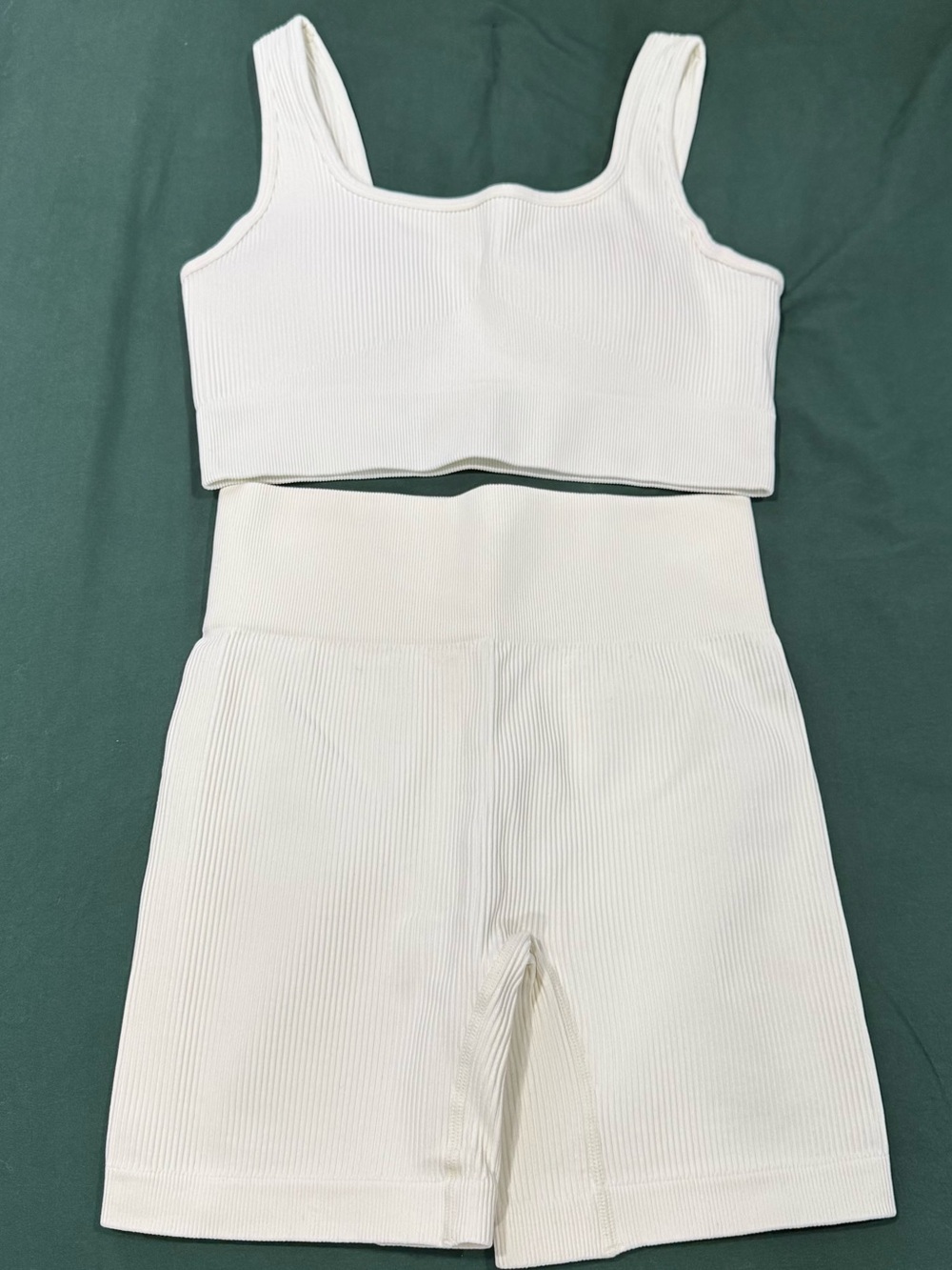 Amazon White Ribbed Sports Bra and High-Waist Biker Shorts Set - Picture 4 of 8